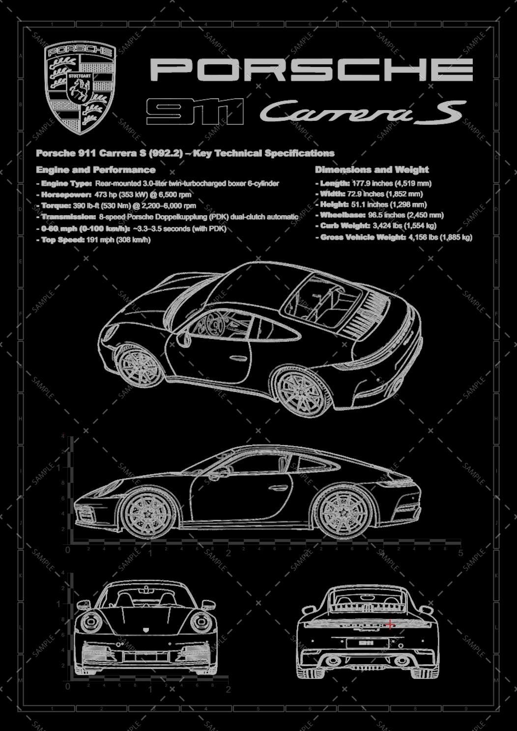 Porsche 911 Carrera S Blueprint – Laser Engraved Anodized Aluminum