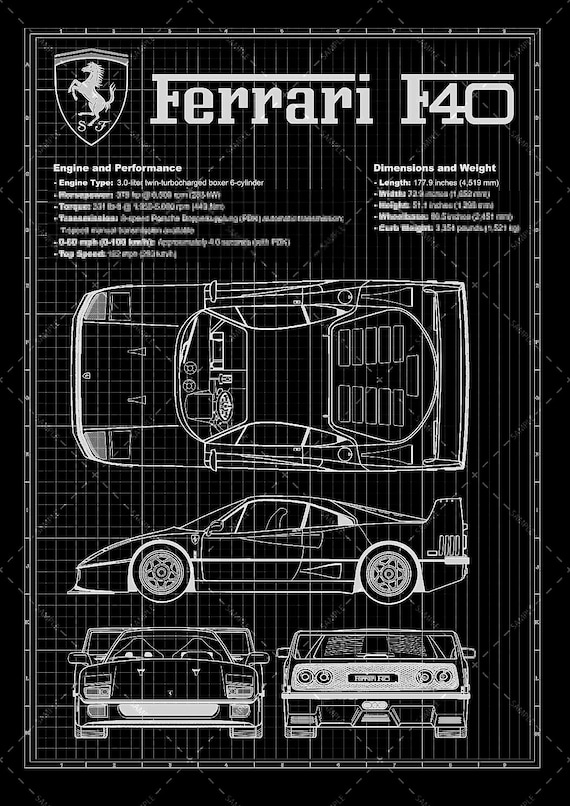 Ferrari F40 Blueprint Art: Laser Engraved Black Aluminum - Etsy