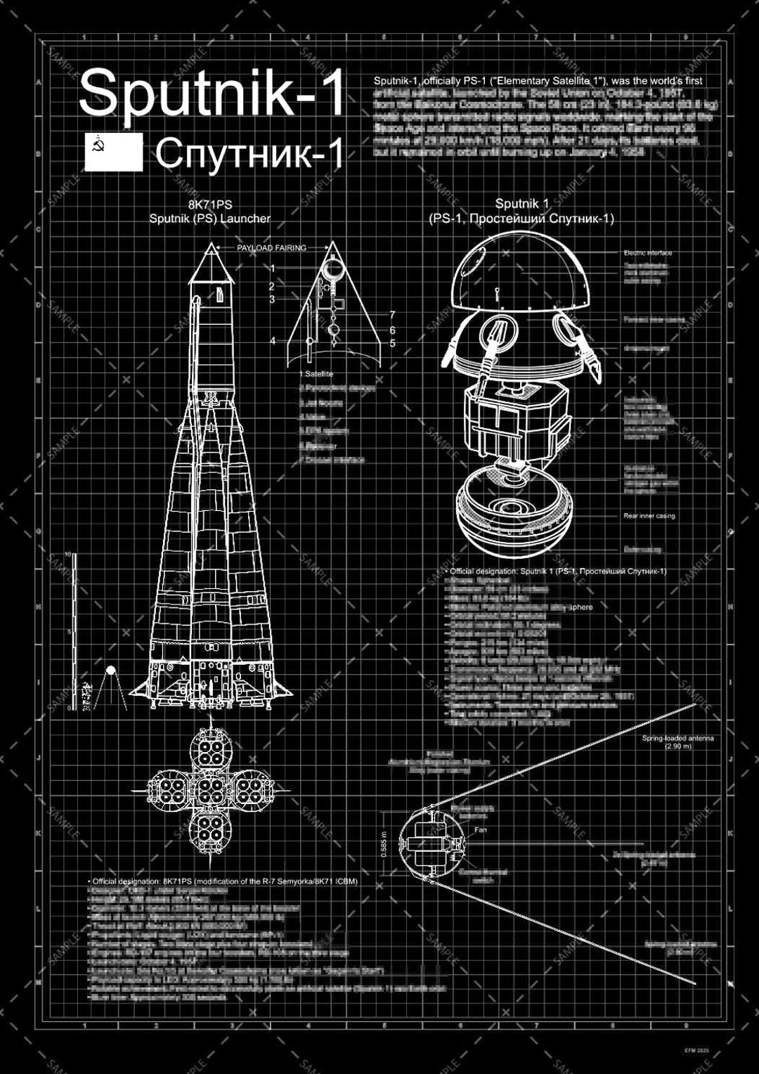 SPUTNIK-1 (Спутник-1) Laser Engraved on Black Anodized Aluminum