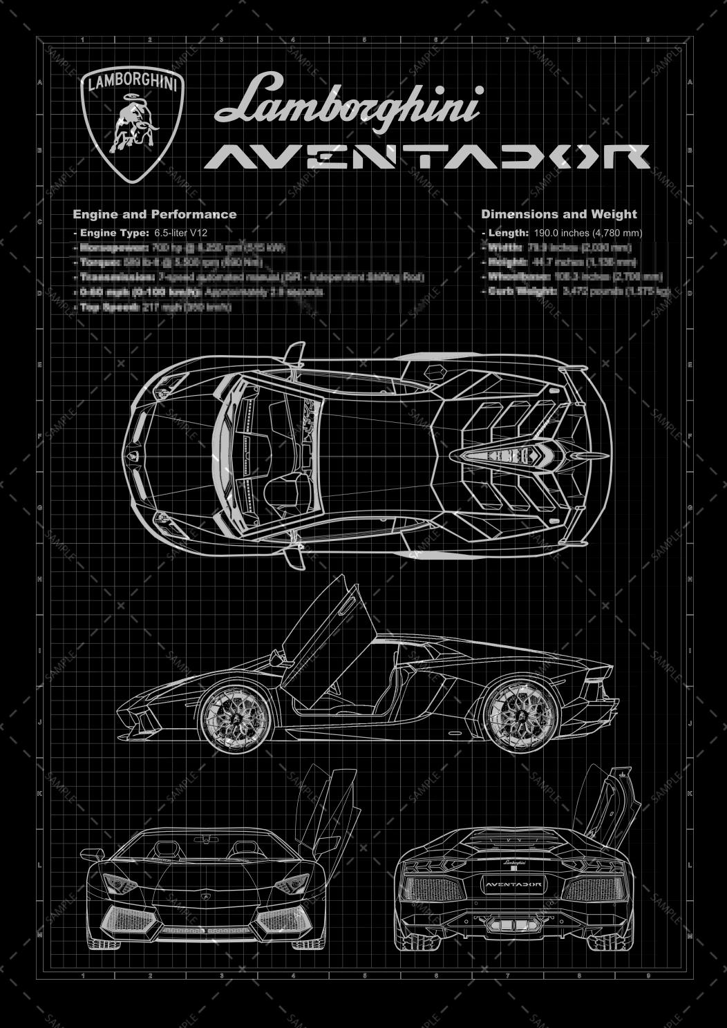 Lamborghini Aventador Blueprint: Laser Engraved Aluminum Technical