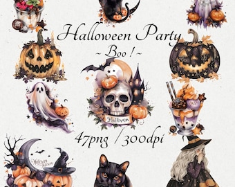 Halloween Clipart-Bundle | 47 Aquarell PNG | Niedliche Kürbisse, schwarze Katzen & herbstliche Grafiken