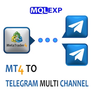May include: A digital graphic with the text "MQL EXP" in blue. The image shows a connection between "MetaTrader 4" and "Telegram Multi Channel" with blue arrows and icons. The text "MT4 TO" is also present.