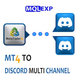 May include: A graphic illustrating the connection between MetaTrader 4 and Discord multi-channel communication. The image features the text "MQL EXP", "MT4 TO", and "DISCORD MULTI CHANNEL", along with the Discord logo.