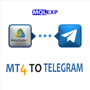 May include: A graphic with the text "MQLEXP" at the top. It features two blue square icons connected by arrows and dots. The left icon displays the MetaTrader 4 logo, and the right icon has a white paper airplane. The text "MT4 TO TELEGRAM" is at the bottom.
