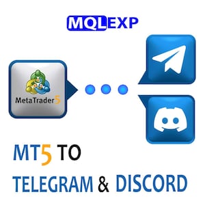 May include: A graphic with the text "MQL EXP" and "MT5 TO TELEGRAM & DISCORD." The image features the MetaTrader 5 logo, a paper airplane icon, and a Discord logo, all in blue and white.