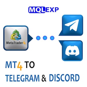 May include: A graphic with the text "MQLEXP" and "MT4 TO TELEGRAM & DISCORD". The image features the MetaTrader 4 logo, connected by blue dots to Telegram and Discord icons, all on a white background.