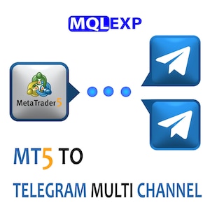 May include: A digital graphic with the text "MQL EXP" in blue. The image shows a diagram of "MetaTrader 5" connected to two blue square icons with paper airplane symbols, labeled "MT5 TO TELEGRAM MULTI CHANNEL."