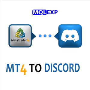 May include: A digital graphic with the text "MQLEXP" above two blue square icons. The left icon features a MetaTrader logo, and the right icon displays a Discord logo. The text "MT4 TO DISCORD" is below the icons.