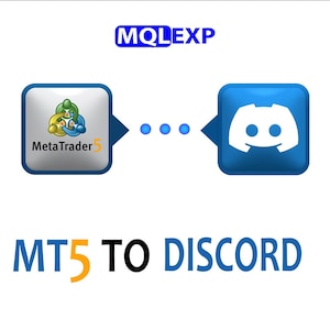 May include: A graphic with the text "MQLEXP" above a diagram showing the MetaTrader 5 logo connected to the Discord logo with blue arrows and dots. The text "MT5 TO DISCORD" is below the diagram.