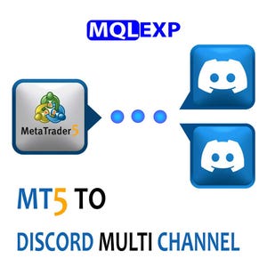 May include: A graphic with the text "MQL EXP" in blue, and "MetaTrader 5" with a logo, connected by blue dots to two Discord app icons. The text "MT5 TO DISCORD MULTI CHANNEL" is also present.