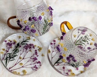 Handmade Pressed Flower Coaster & Cup Set, Resin Ornament