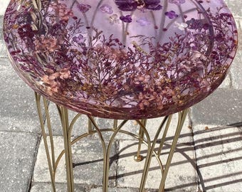 Handmade Epoxy Resin Side Table – 14” Real Flower Botanical Art