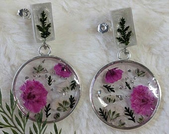 Handmade Pressed Flower Resin Earrings, Stainless Steel, Wildflower Jewelry