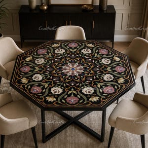 Dessus de table octogonal en marbre noir | Table de salle à manger florale Pietra Dura faite main