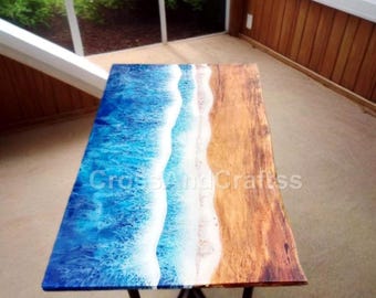 Handmade Ocean Wave Epoxy River Table – Live Edge Wood Resin Dining Table, Coastal Coffee Table, Custom Epoxy Desk, Luxury Resin Furniture