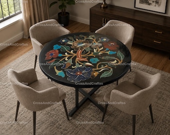 Luxury Floral Marble Inlay Dining Table Top | Handmade Black Stone Pietra Dura Round Table Top | Decor Black Marble Pietra Dura Dining  Top