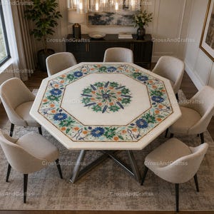 Octagonal Marble Inlay Dining Table Top | Handmade Pietra Dura Floral Marble Table | Luxury White Marble Dining Octagonal Marble Table Top –
