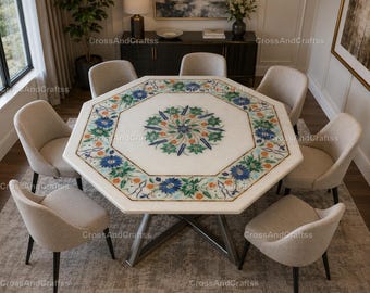 Octagonal Marble Inlay Dining Table Top | Handmade Pietra Dura Floral Marble Table | Luxury White Marble Dining Octagonal Marble Table Top –