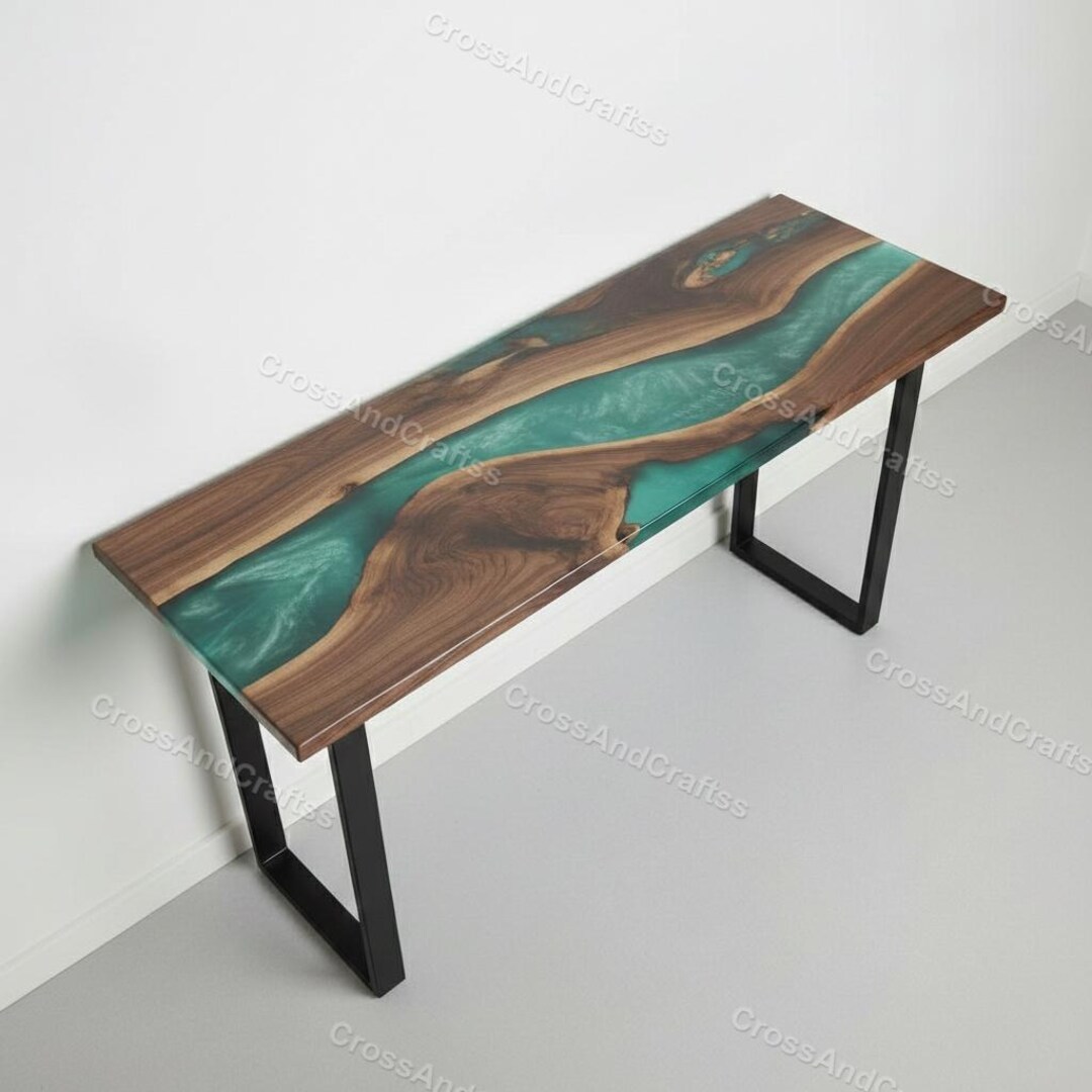 Live Edge Walnut River Table Teal Epoxy Console Table – Industrial ...