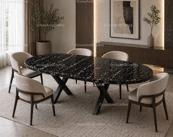 Black Spider Marble Dining Table | Oval Marble Dining Table | Luxury Black Stone Table | Dining Room Luxury Black Spider Marble Dining Table
