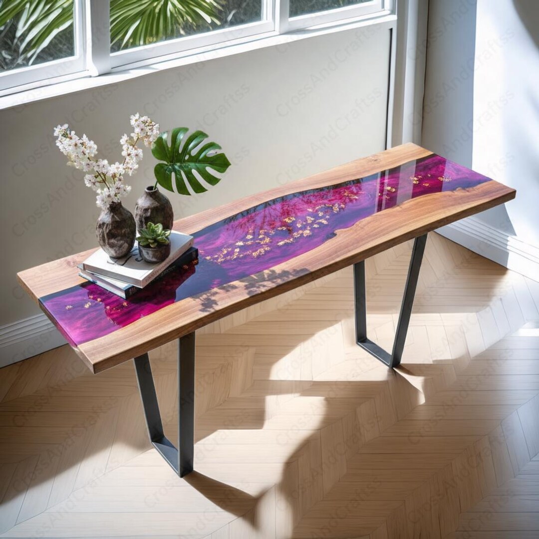 Live Edge Wood & Purple Epoxy Sofa Table | Custom Resin River Console ...