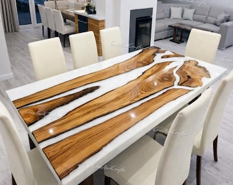 Olive Wood White Epoxy Resin River Dining Table Top | Live Edge Modern Furniture