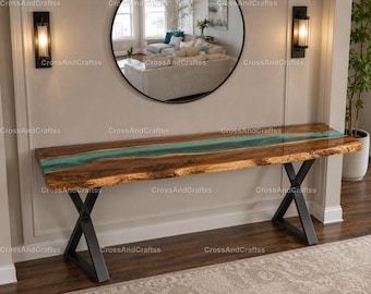 Luxury Epoxy River Console Table – Live Edge Wood Entryway Table with Teal Resin – Modern Sofa Table with X Metal Legs River Console Table –
