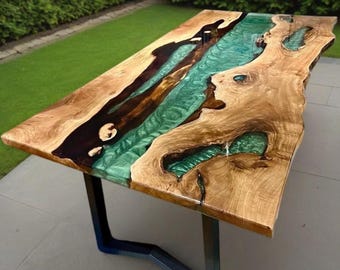 ハンドメイドのブルーエポキシリバーダイニングテーブル：ライブエッジ