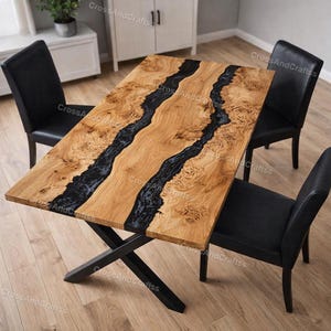 Black Epoxy River Dining Table – Live Edge Acacia Wood Table – Handmade Luxury Furniture – Custom Size Dining Table – Deep Black Resin Table