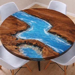Round Ocean Wave Epoxy Resin Dining Table, Blue Resin River Table, Live Edge Walnut Wood Table, Beach Theme Furniture, Luxury Dining Table