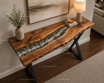 Live Edge Olive Wood Epoxy River Console Table Top, Pebble Resin Sofa Table