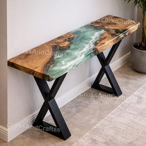 Emerald Green Epoxy River Console Table, Live Edge Wood Table, Ocean Resin Sofa Table, Handmade Entryway Table, Luxury Furniture   console
