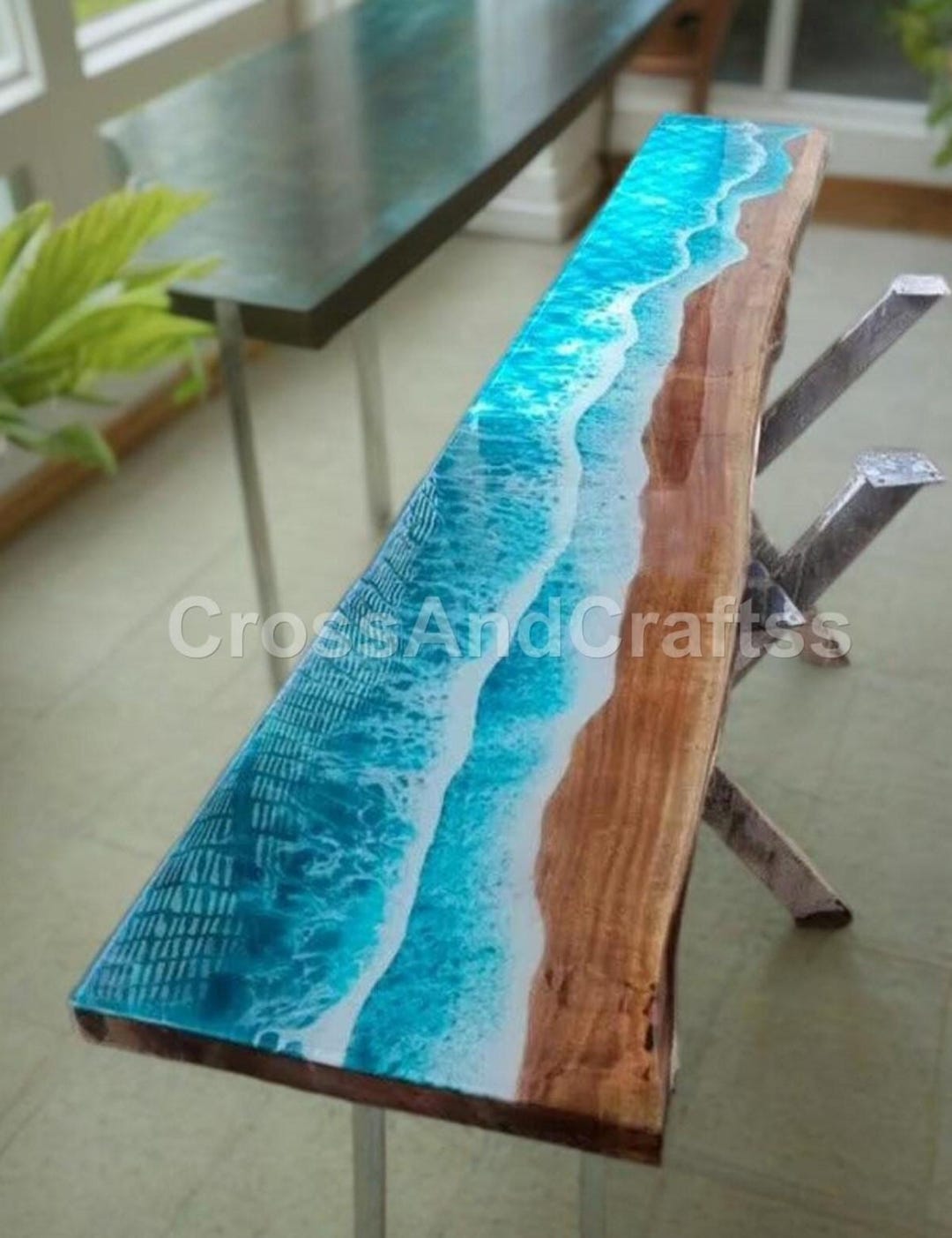 Handmade Ocean Wave Epoxy River Table: Live Edge Wood & Blue Resin - Etsy