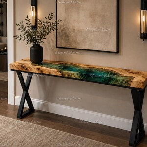 Emerald Green Epoxy River Console Table Top, Live Edge Olive Wood Console Table, Handmade Resin Entryway Table Top, Custom Hallway Furniture