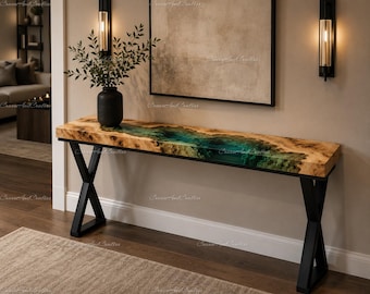 Emerald Green Epoxy River Console Table Top, Live Edge Olive Wood Console Table, Handmade Resin Entryway Table Top, Custom Hallway Furniture