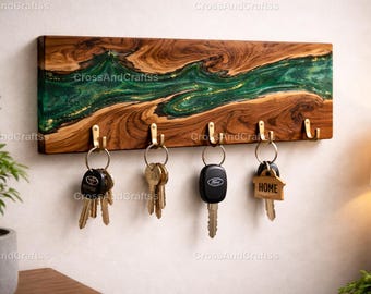 Llavero de resina verde esmeralda con diseño de nogal, organizador de llaves de pared, moderno gancho para llaves de entrada, llavero decorativo de madera y resina hecho a mano