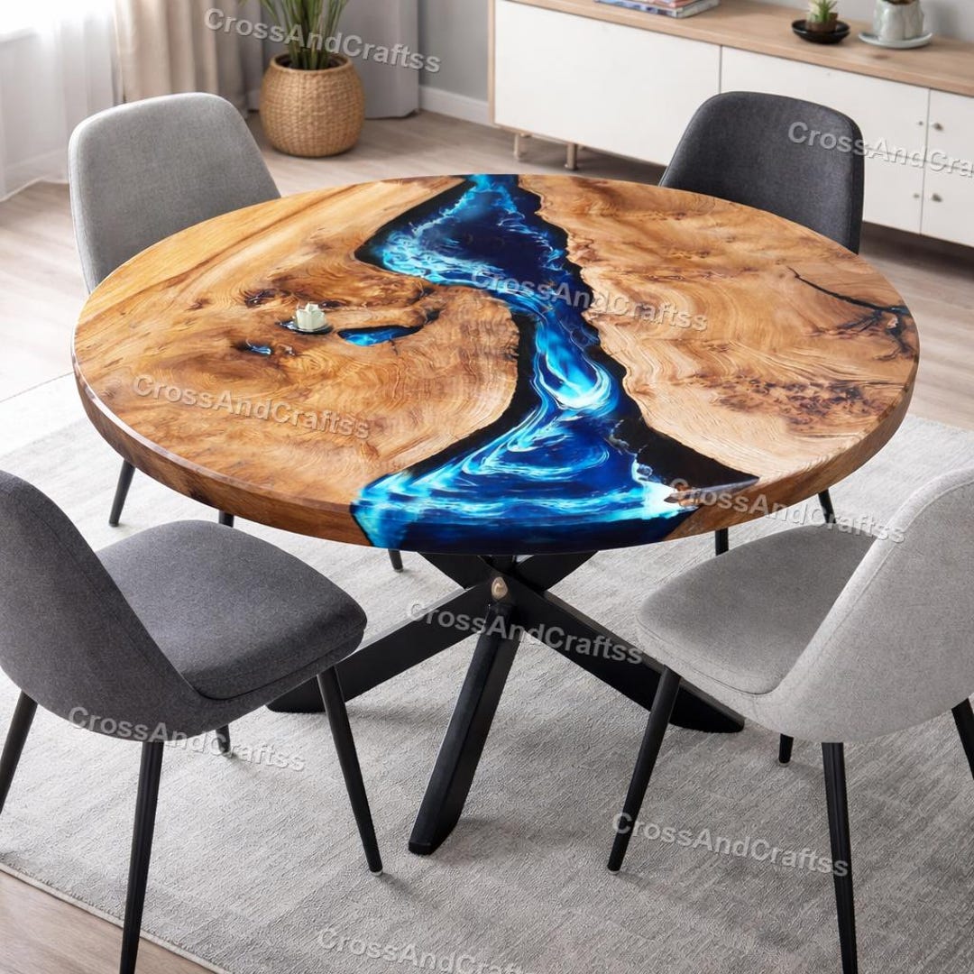Blue Epoxy River Round Dining Table | Live Edge Olive Wood Kitchen ...