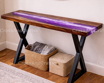 Purple Epoxy Resin River Table, Live Edge Wood Console Table, Handmade Entryway Table, Modern Hallway Furniture, Luxury Narrow Table top