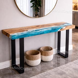 Blue Resin River Console Table, Live Edge Wood Entryway Table, Ocean Inspired Walnut Furniture table top, Modern Coastal Decor Table top