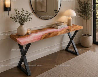 Pink Epoxy River Console Table Top – Live Edge Wood Resin Entryway Tabletop – Handmade Luxury Sofa Table Top Epoxy Console Table Top – top