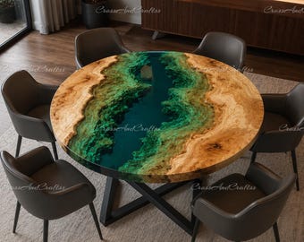 Round Olive Wood Epoxy River Dining Table Top | Emerald Green Resin Table | Live Edge Wood Luxury Olive Wood & Green Epoxy River Table Top |
