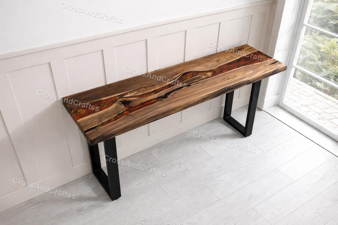 Live Edge Walnut Console Table With Amber Resin River, Custom Handmade ...