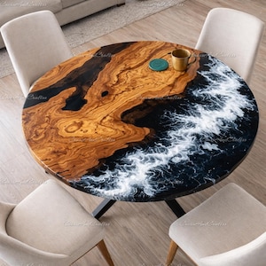 Round Ocean Epoxy Dining Table Top | Live Edge Olive Wood Resin Table | Handmade Coastal Dining Furniture Ocean Wave Resin Dining Table top