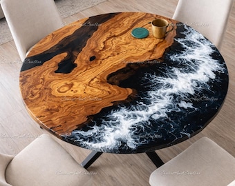 Round Ocean Epoxy Dining Table Top | Live Edge Olive Wood Resin Table | Handmade Coastal Dining Furniture Ocean Wave Resin Dining Table top