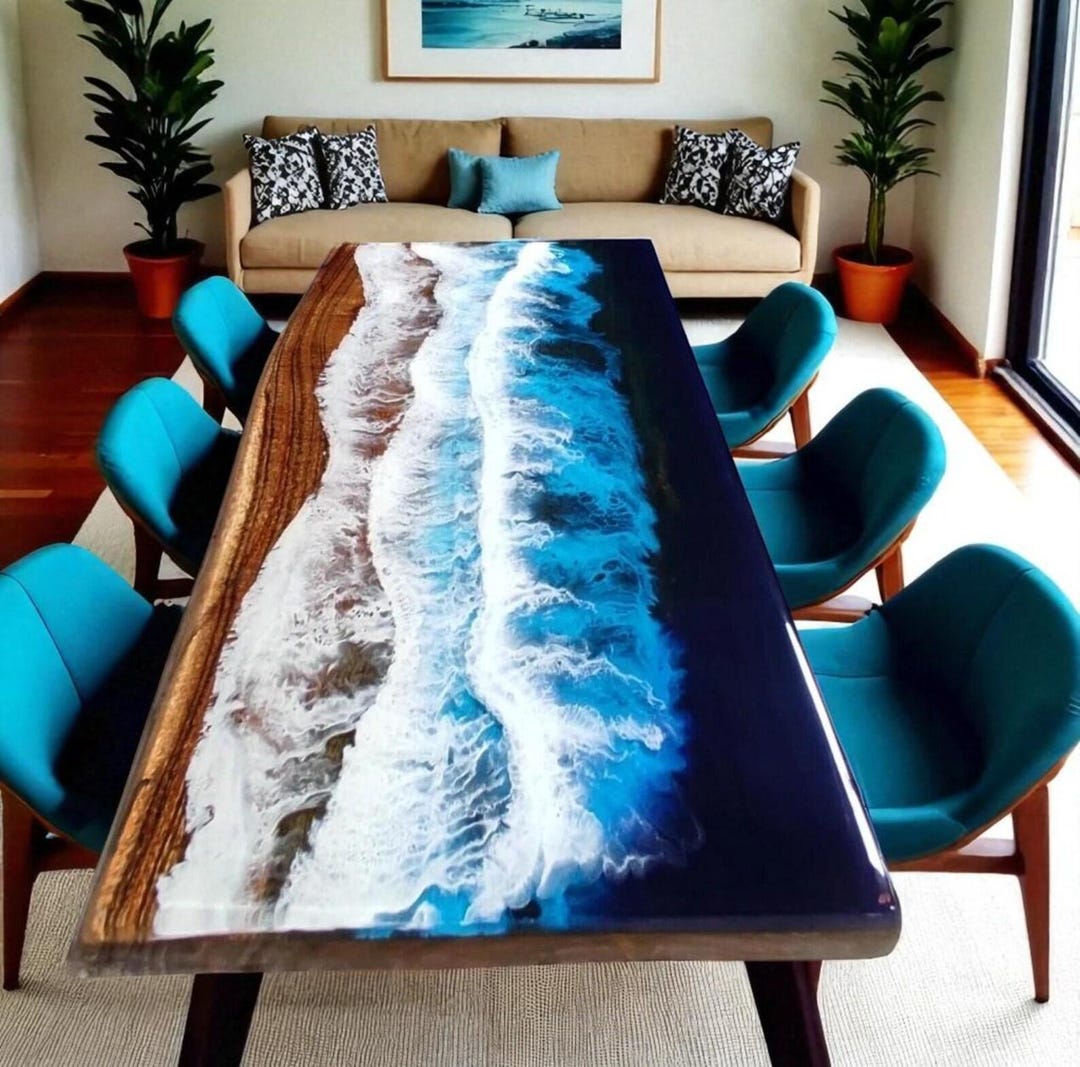 Handmade Ocean Blue Epoxy Resin River Table Top – Live Edge Wood Dining ...