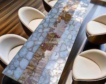 Mesa de comedor de lujo con losa de ágata / Tablero de geoda de cristal personalizado con incrustaciones de latón / Mesa de centro o de conferencia con piedras preciosas hechas a mano /