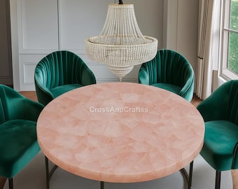 Soft Pink Agate Round Coffee Table | Handcrafted Gemstone Table Top | Elegant Rose Quartz Inspired Table | Luxury Crystal Resin Furniture