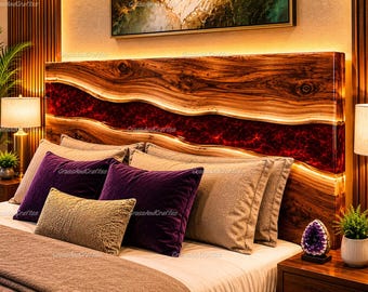 Live Edge Walnut Red Epoxy Resin Headboard | Handmade Luxury King Wall Decor