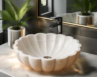 Luxury White Marble Sink | Natural Stone Vessel Basin | Handcrafted Vanity Bowl | Modern Organic Bathroom Decor | Spa Style Basin
