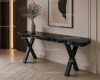 Black Spider Marble Console Table | Luxury Modern Entryway Table | Black X Metal Base Console | Luxury Black Spider Marble Console Table |